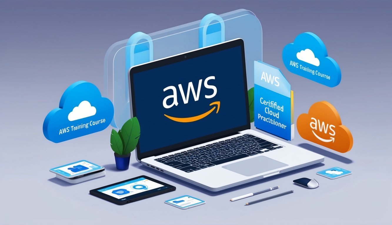 A laptop displaying 6 best AWS training courses, surrounded by cloud icons and AWS Certified Cloud Practitioner logo