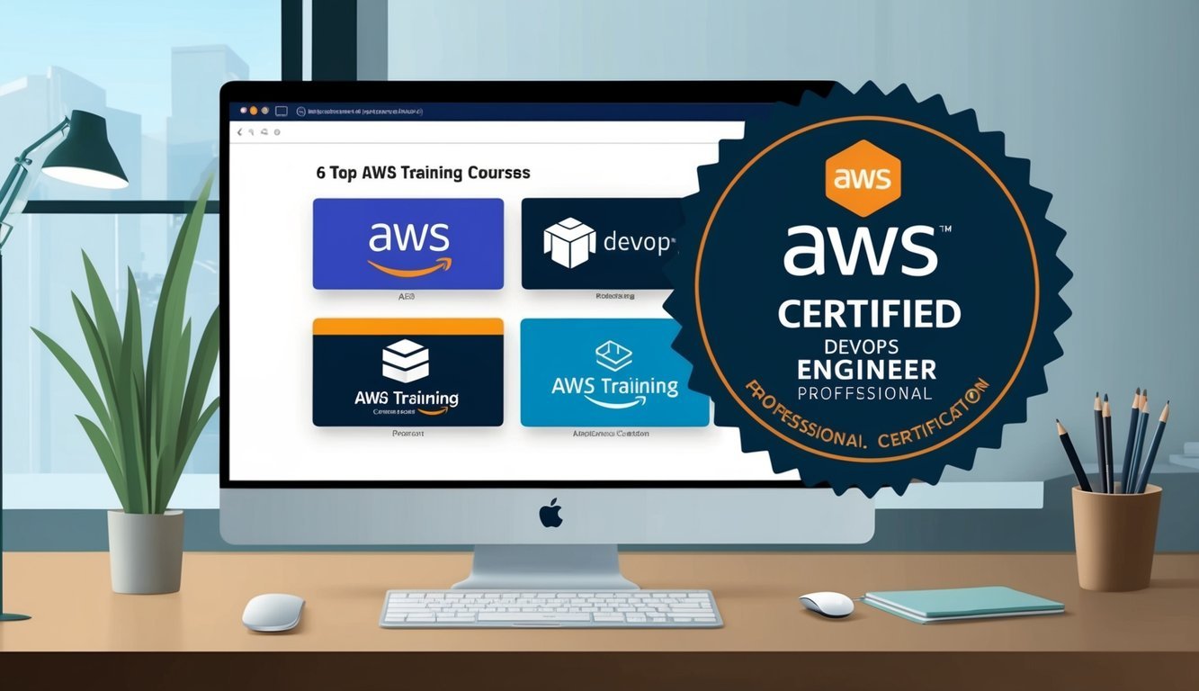 A computer screen displaying the logos of 6 top AWS training courses with the AWS Certified DevOps Engineer Professional certification badge