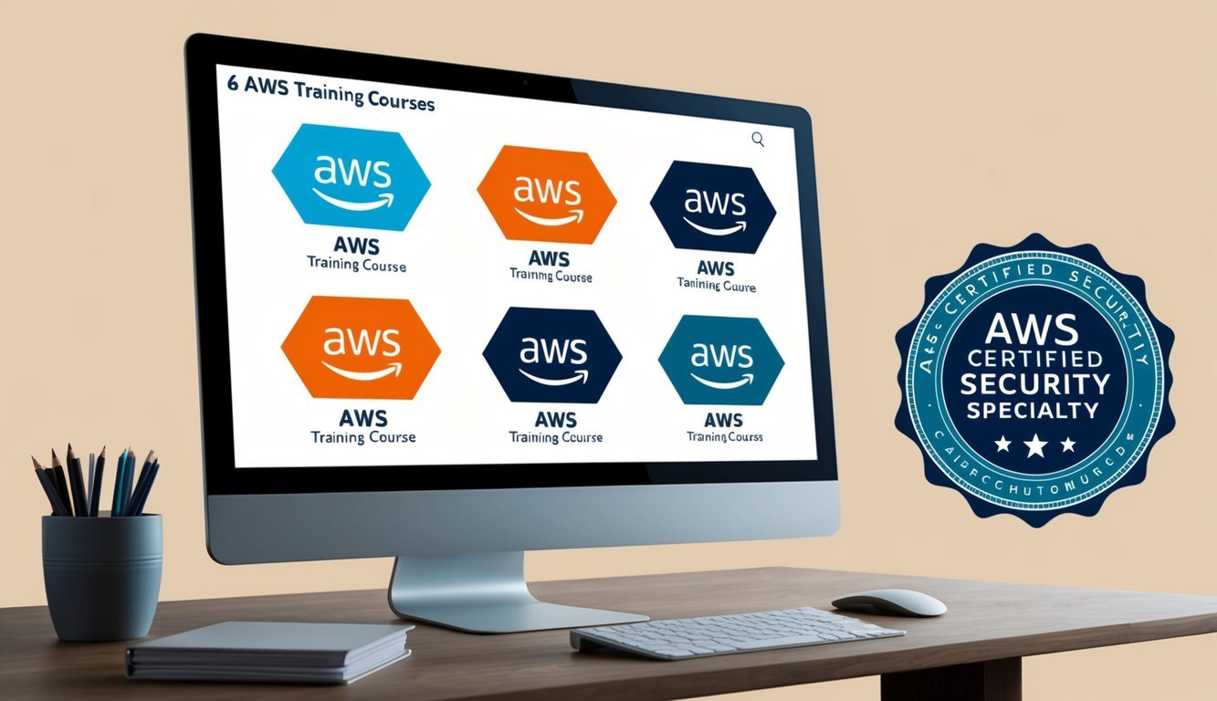 A computer screen displaying the logos of 6 AWS training courses with the AWS Certified Security Specialty badge