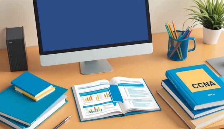 Desk with computer, CCNA books, pencils, and a small computer tower