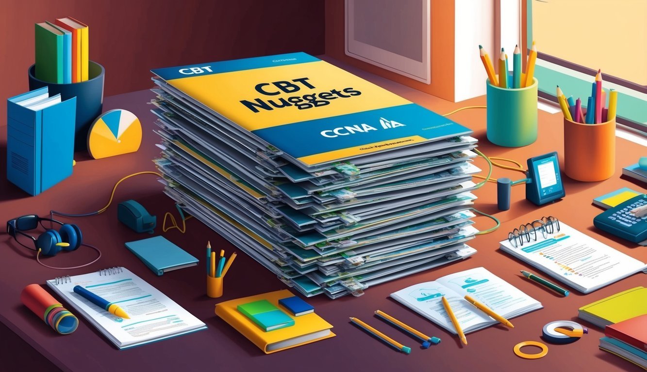 A stack of CBT Nuggets CCNA course materials surrounded by various study aids and resources