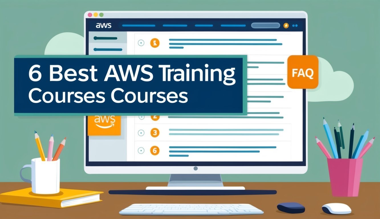 A computer screen displaying a list of the "6 Best AWS training courses" with a FAQ section in the background