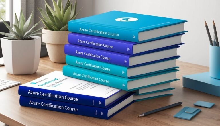 Stack of Azure Certification Course books on a wooden desk