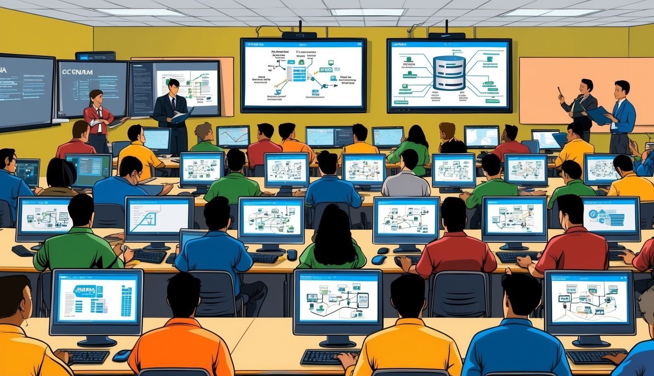 A classroom filled with students studying for the CCNA exam, surrounded by study materials and computer screens displaying networking diagrams and configurations