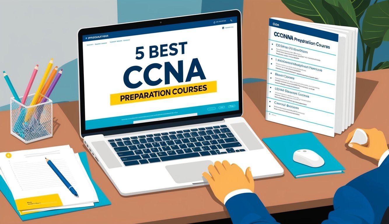 A desk with a laptop, study materials, and a list of the "5 Best CCNA preparation courses" displayed on the screen