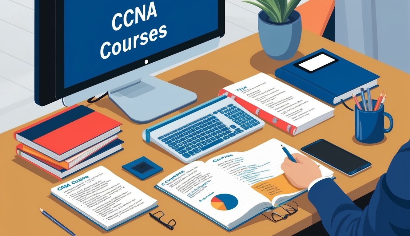 A desk with a computer, books, and notes on CCNA courses