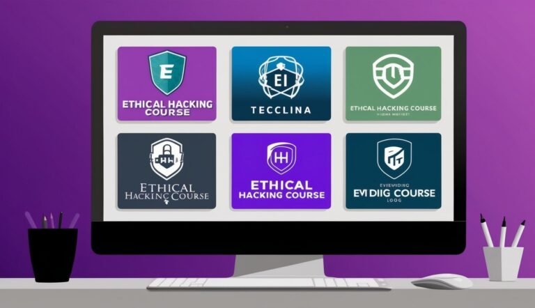 Computer screen displaying ethical hacking course icons and logos