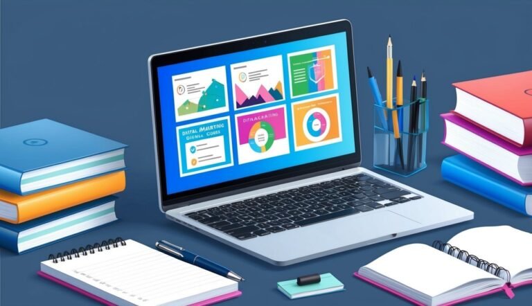 Laptop displaying marketing charts, surrounded by books, notebooks, and pens on a desk
