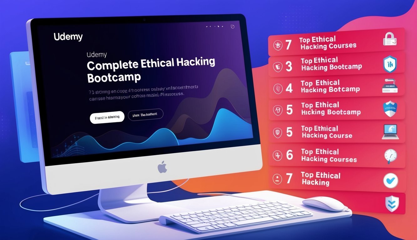 A computer screen displaying the Udemy course "Complete Ethical Hacking Bootcamp" with 7 top ethical hacking courses listed