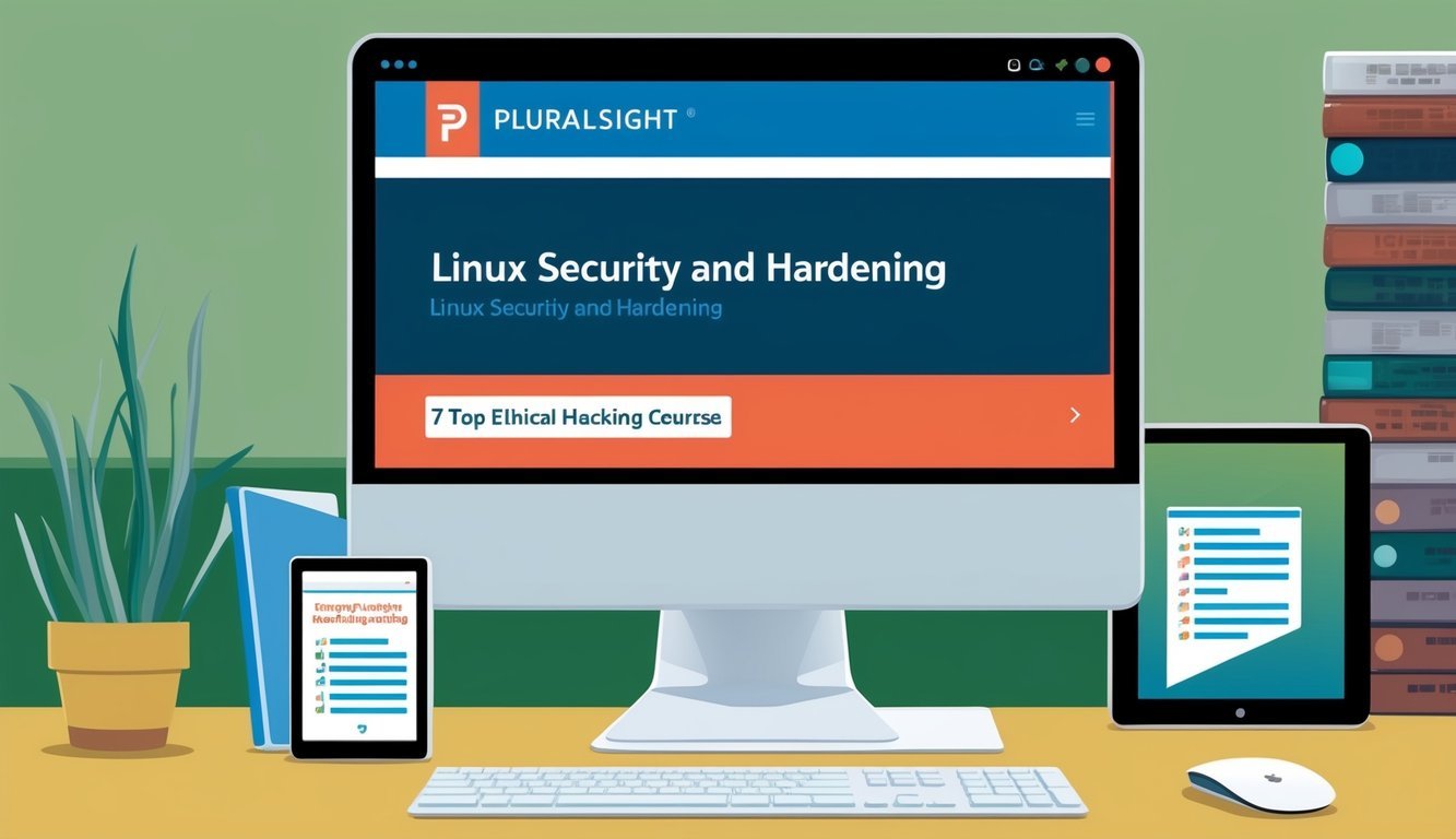 A computer screen displaying the Pluralsight course "Linux Security and Hardening" with 7 top ethical hacking courses listed