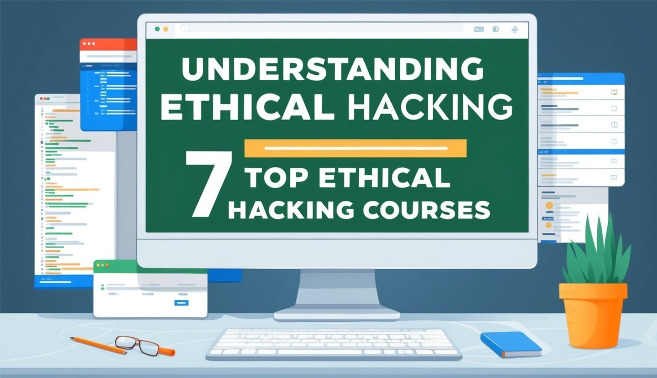 A computer screen displaying a list of "Understanding Ethical Hacking 7 Top ethical hacking courses" with various tabs open for research