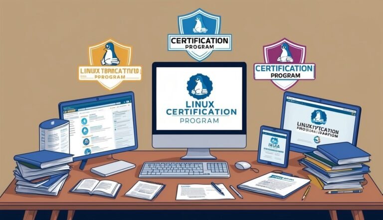 Linux certification program concept with computers, books, and penguin logos