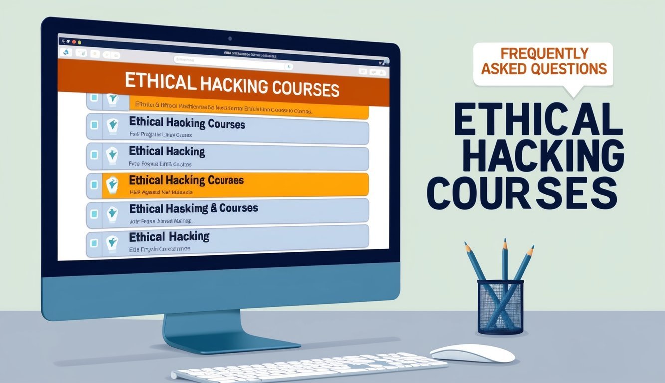 A computer screen displaying a list of ethical hacking courses with a "Frequently Asked Questions" section above it