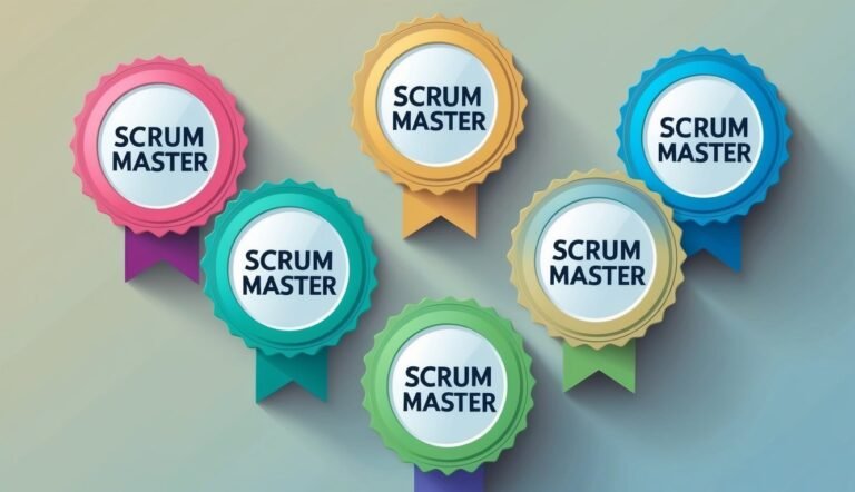 Six colorful "Scrum Master" badges with ribbons, arranged in a pattern
