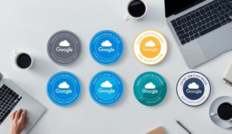 Google Cloud certification badges, laptops, and coffee cups on a white desk