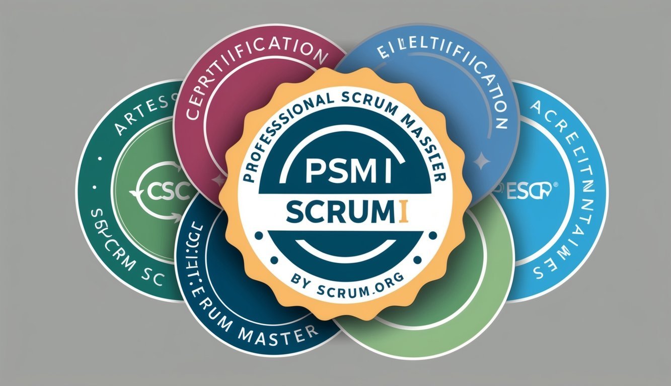 A group of five certification logos arranged in a circular pattern, with the "Professional Scrum Master (PSM I) by Scrum.org" logo in the center