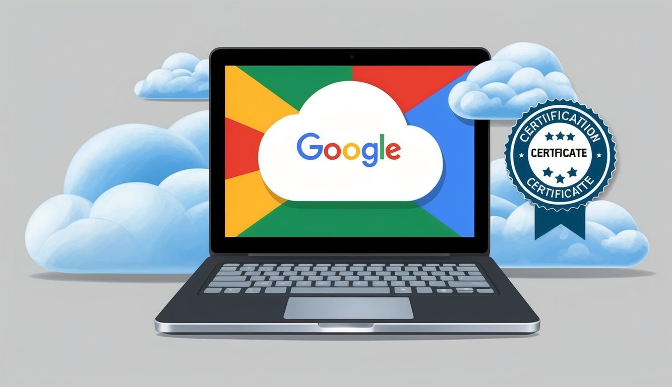 A laptop displaying Google Cloud logos, surrounded by clouds and a certification badge