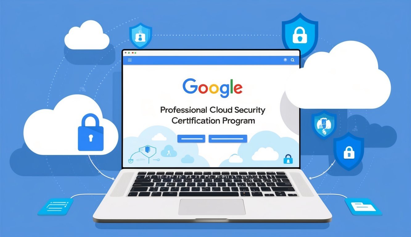 A computer screen displaying the Google Professional Cloud Security Engineer certification program surrounded by clouds and security symbols