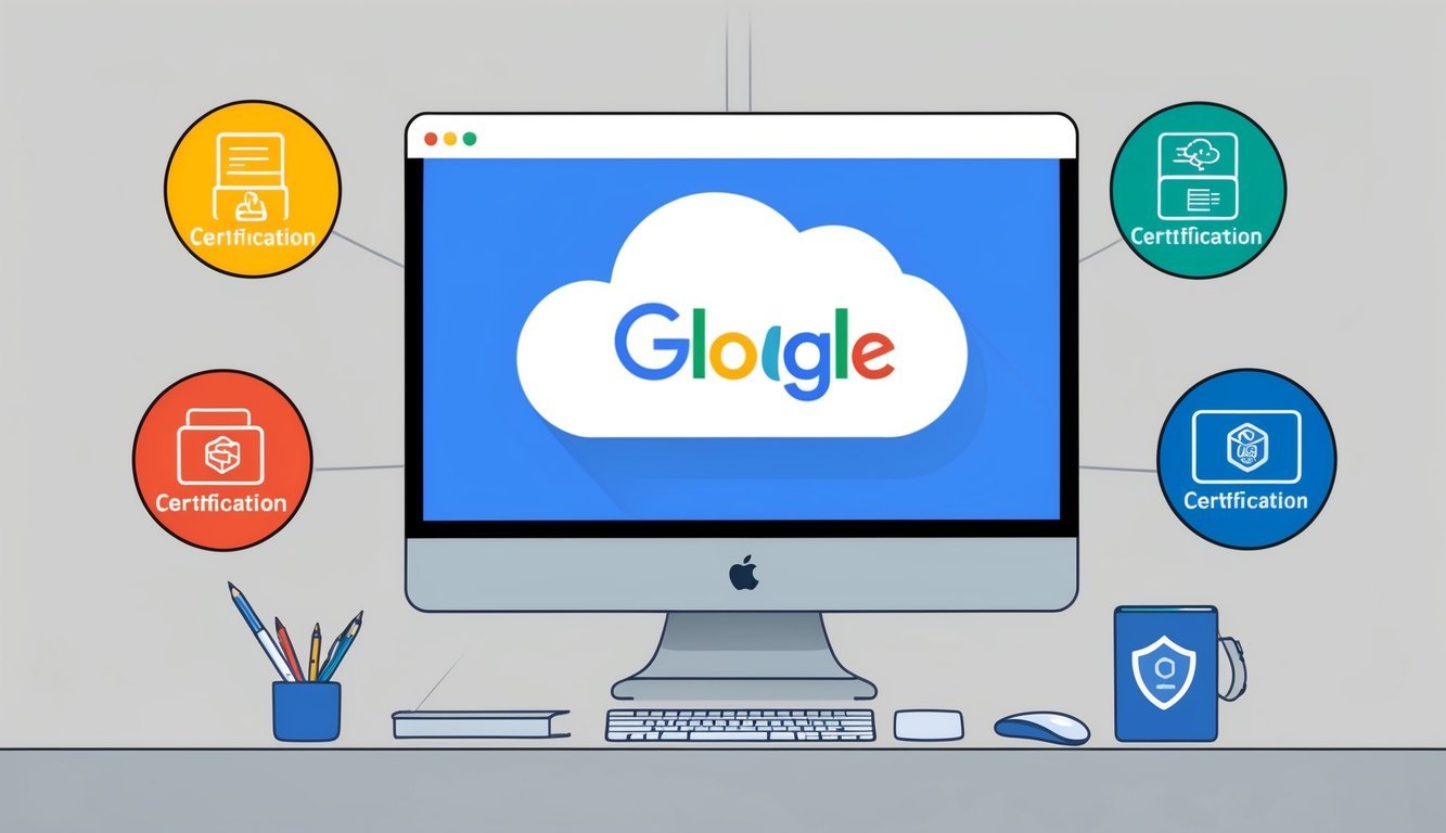 A computer screen displaying the Google Cloud logo surrounded by icons representing the 6 best certification programs