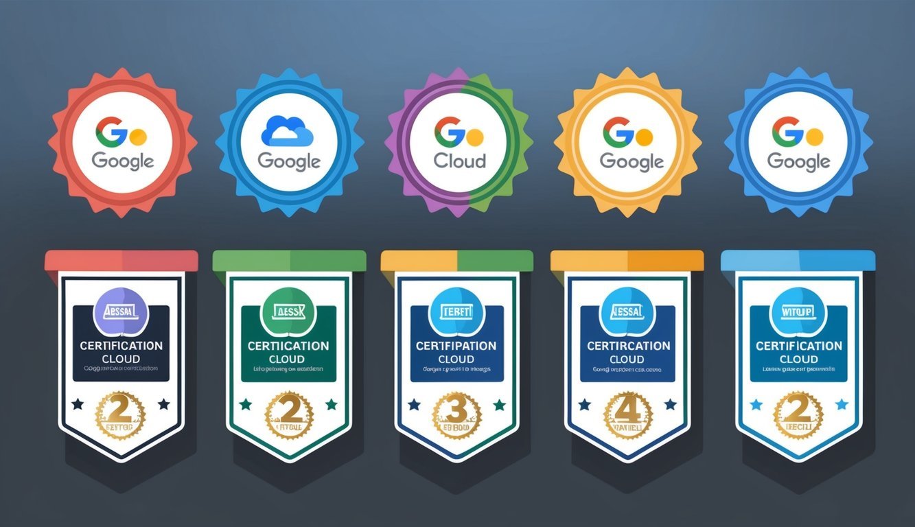 A collection of six Google Cloud certification badges displayed in a row, each representing a different level of expertise