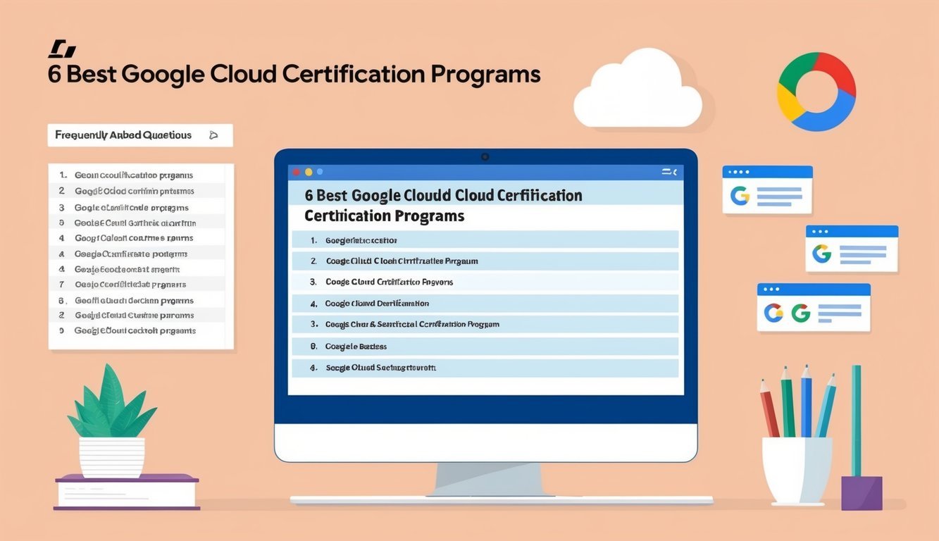 A computer screen displaying a list of "6 Best Google Cloud certification programs" with a "Frequently Asked Questions" heading