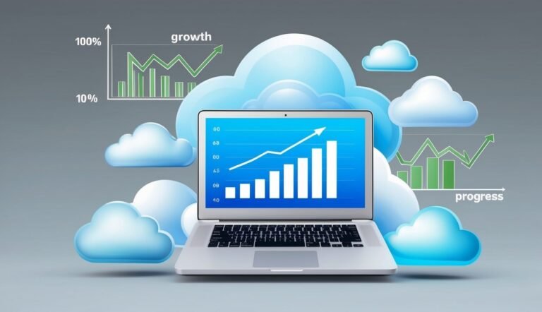 Laptop with growth charts and cloud graphics, symbolizing progress and data