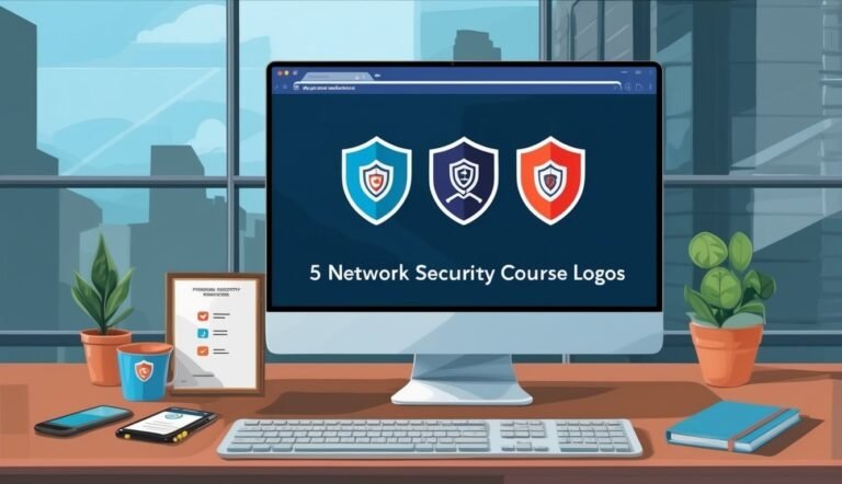 Computer screen displaying three shield logos for network security courses