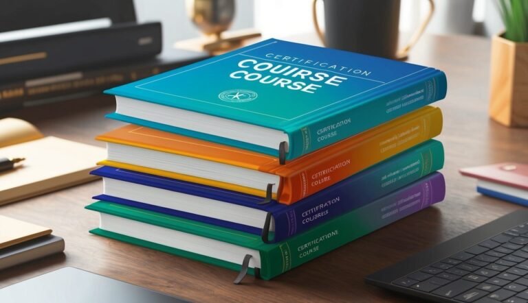 Stack of colorful "Course" books on a wooden desk with a laptop