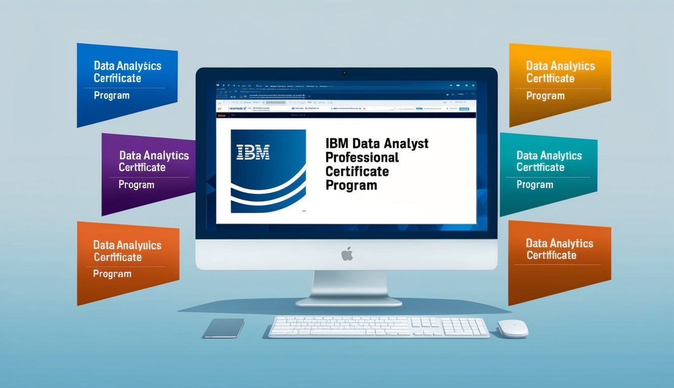 A computer screen displaying the IBM Data Analyst Professional Certificate program surrounded by six other data analytics certification programs