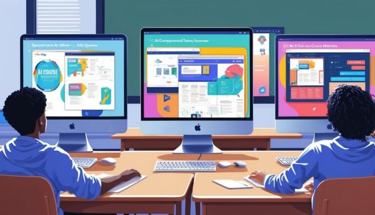Two people working on computers, each displaying different AI course websites