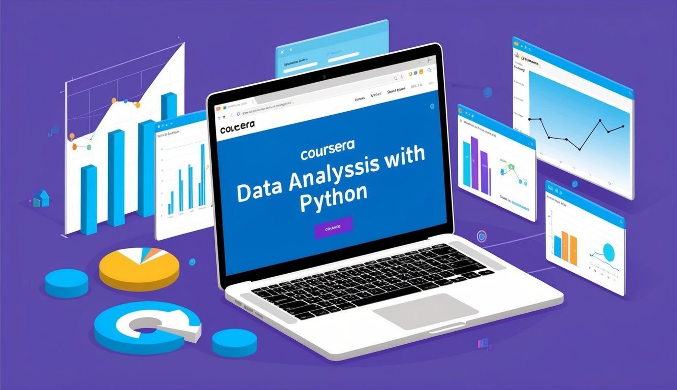 A laptop displaying Coursera's Data Analysis with Python course, surrounded by graphs and charts