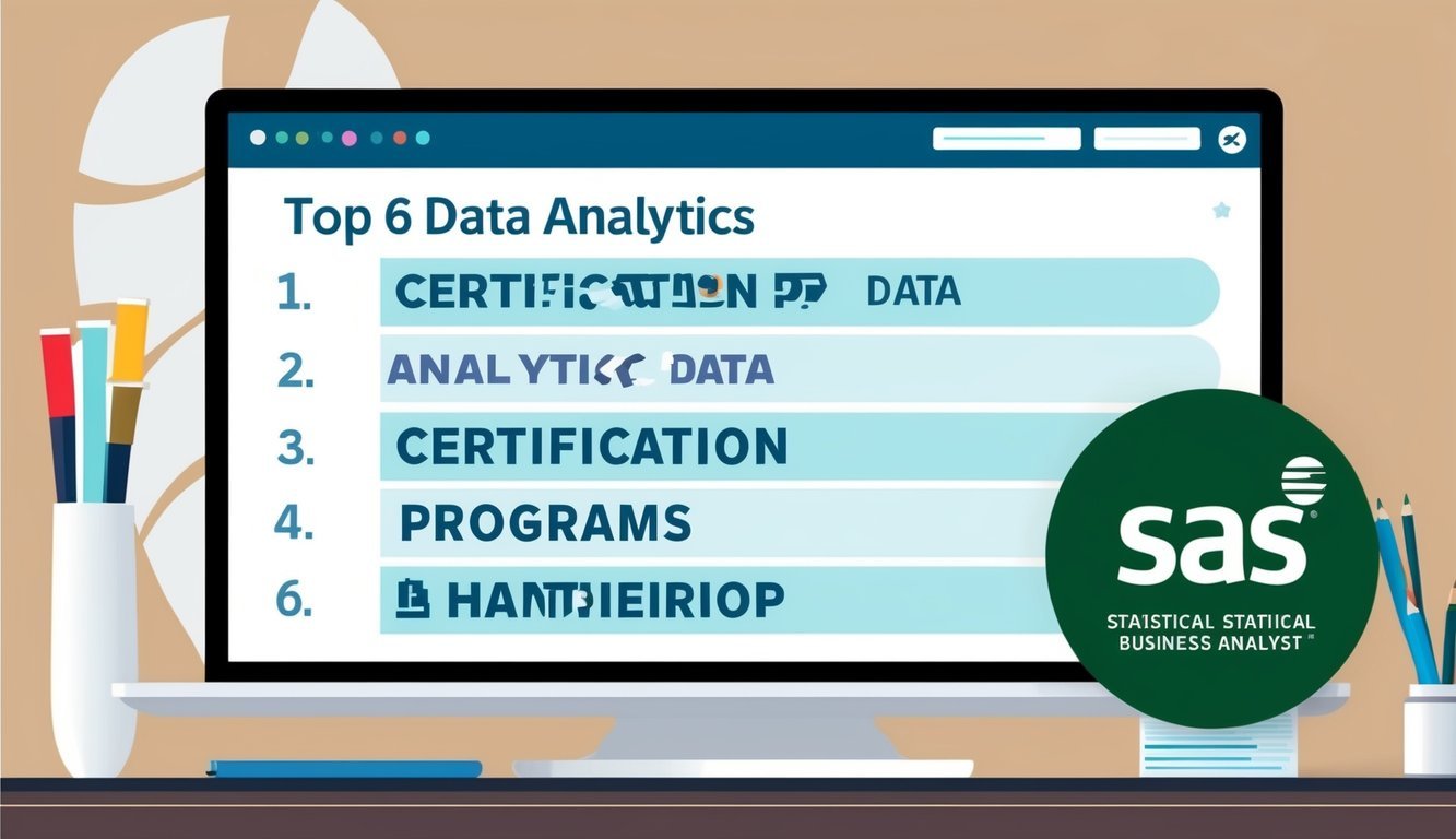 A computer screen displaying the top 6 data analytics certification programs, with the SAS Statistical Business Analyst logo in the corner