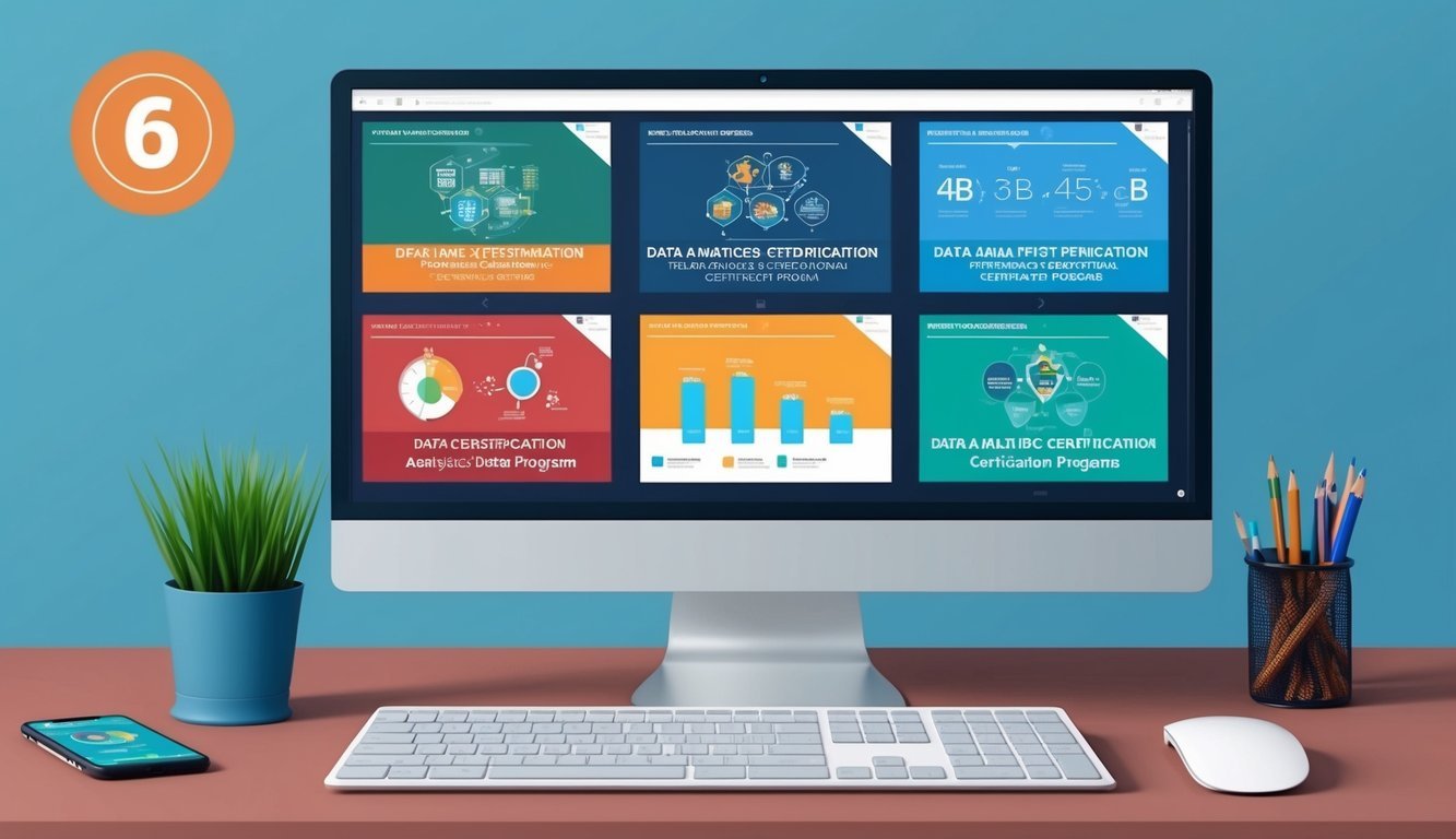 A computer displaying six data analytics certification programs with relevant graphics and charts