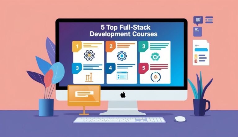 Computer screen displaying "5 Top Full-Stack Development Courses" infographic