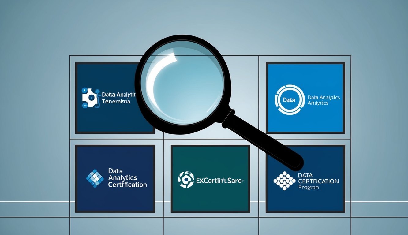 A group of six data analytics certification program logos arranged in a grid with a magnifying glass hovering above them