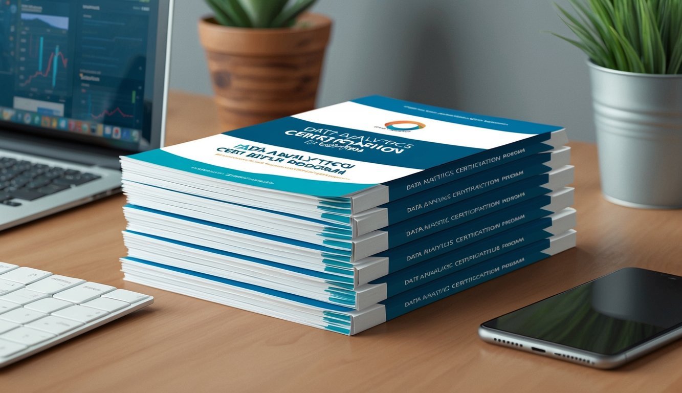 A stack of six data analytics certification program brochures on a desk