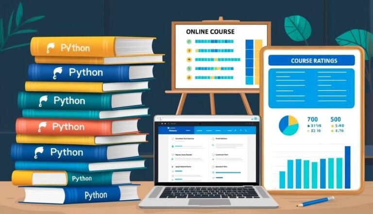 Stack of Python books, laptop, and online course data visualization