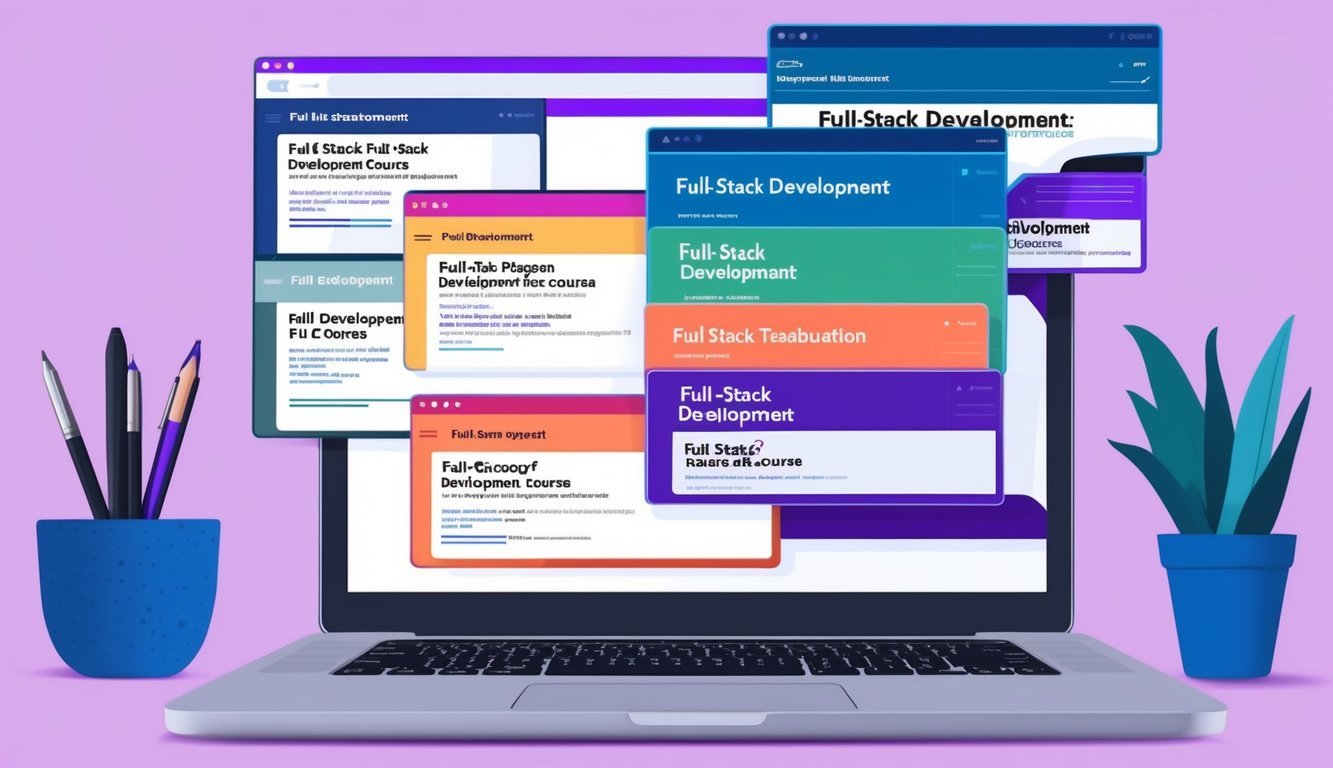 A laptop with multiple tabs open, showing various full-stack development course options