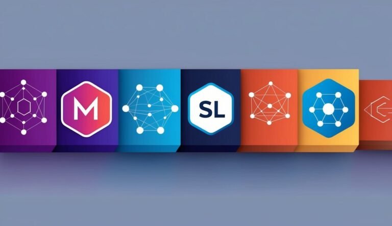 Hexagonal icons with geometric shapes and letters on a gradient background