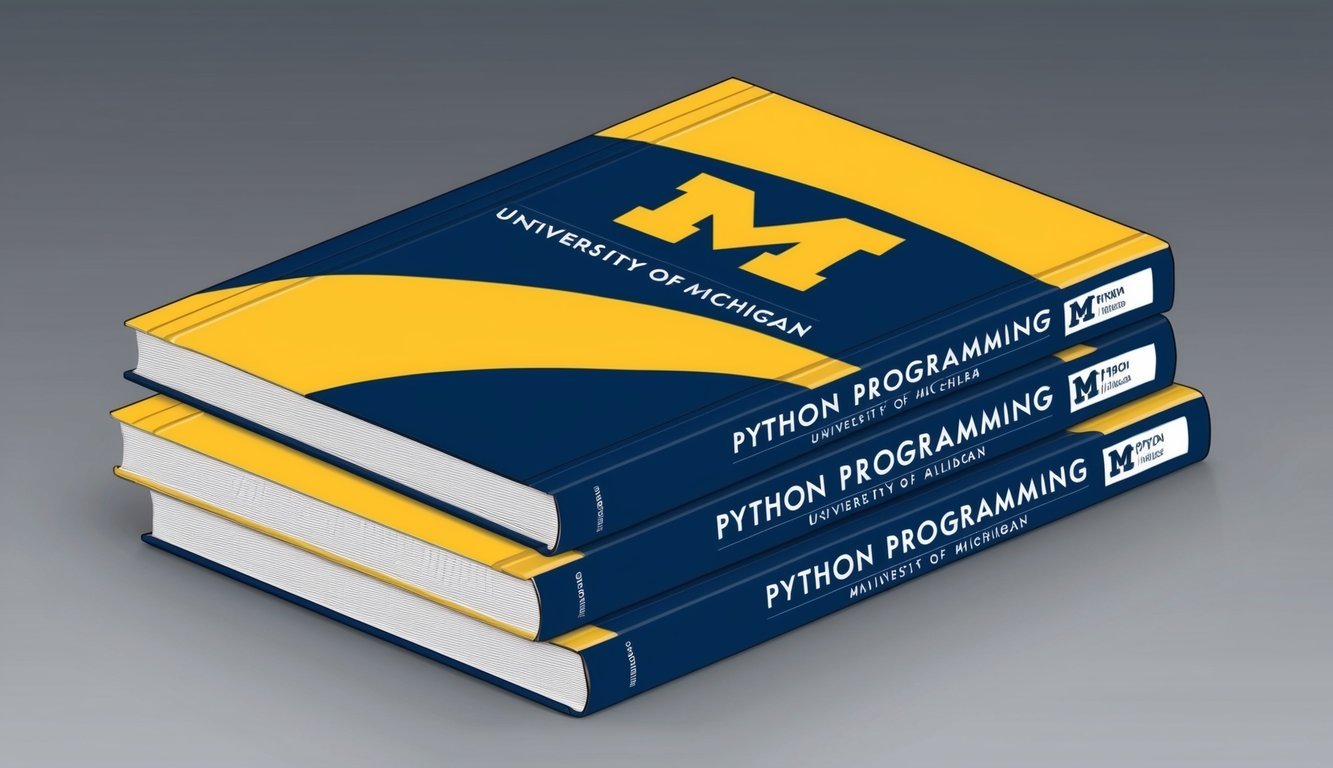 A stack of four Python programming books with the University of Michigan logo on the cover