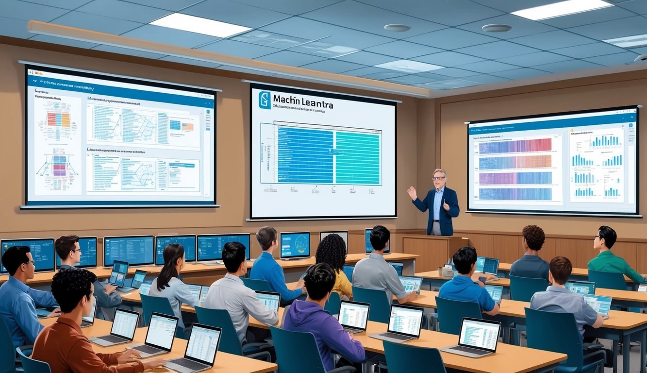 A classroom with computer screens showing complex algorithms and data sets, while a professor lectures on machine learning at Stanford University