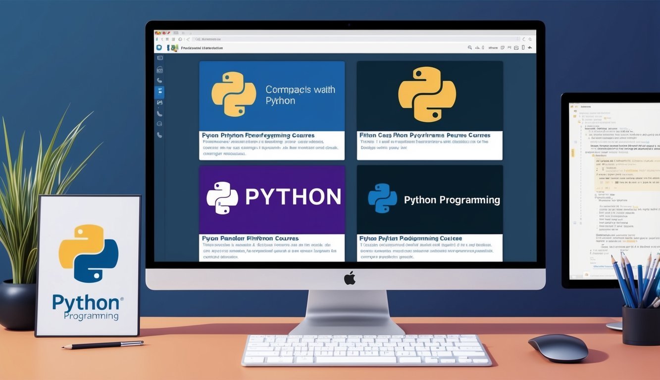 A computer screen displaying four popular Python programming courses with corresponding logos and descriptions