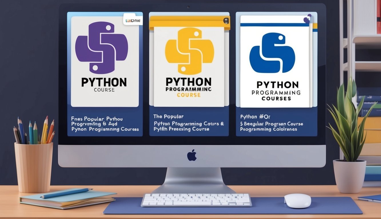 A computer screen displaying four popular Python programming courses with logos and descriptions