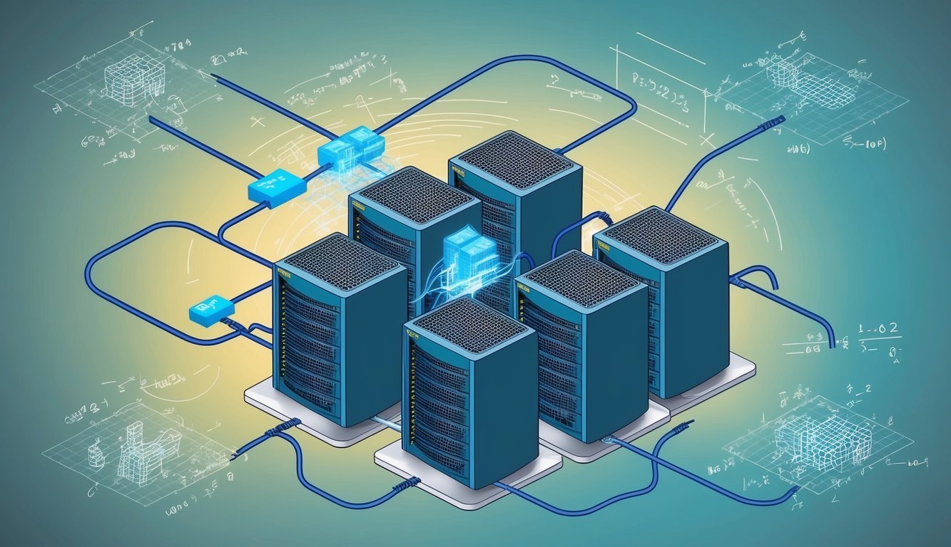 A group of computer servers connected by cables, with data flowing between them, surrounded by mathematical equations and graphs