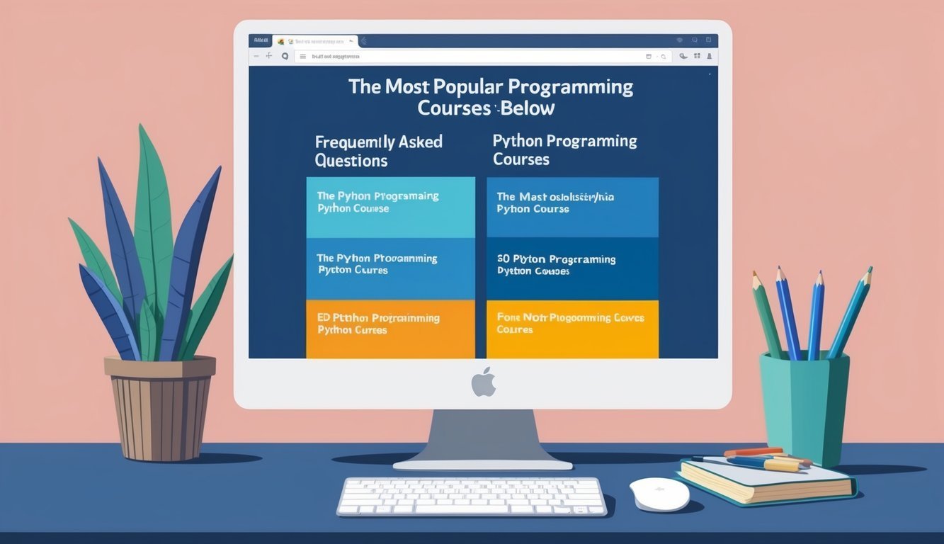 A computer screen displaying the titles of the four most popular Python programming courses, with a list of frequently asked questions below