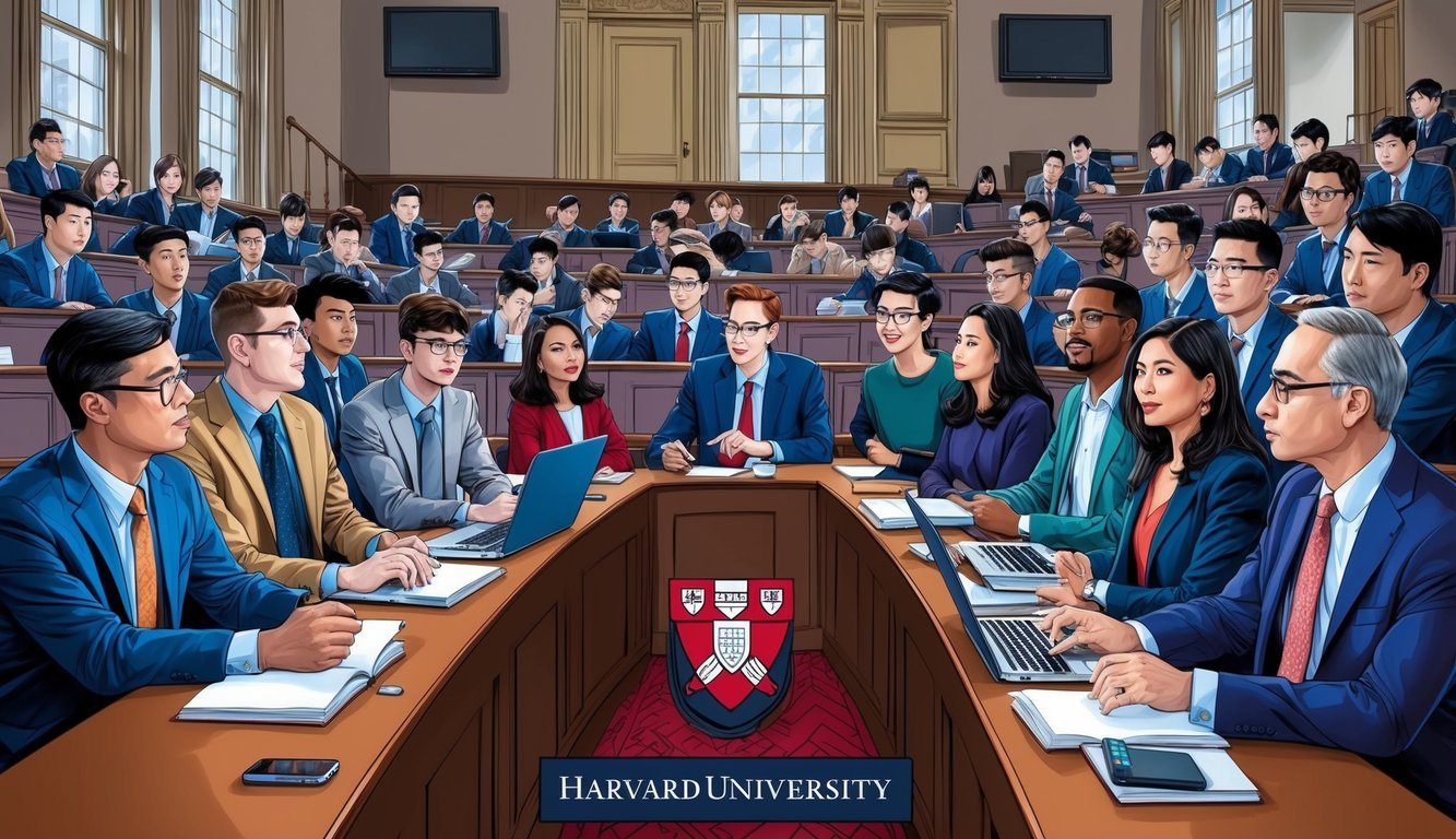 A group of students and professors gather in a lecture hall at Harvard University, discussing the latest advancements in machine learning and data science