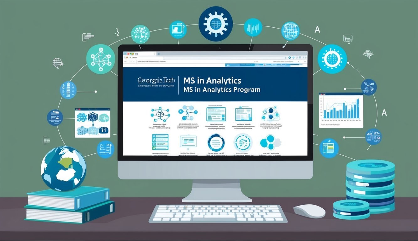 A computer screen displaying Georgia Tech's MS in Analytics program surrounded by icons of machine learning algorithms and data visualizations