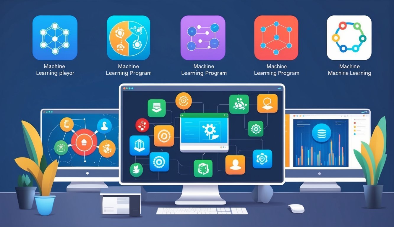 A computer screen displaying seven different machine learning program icons with various features highlighted