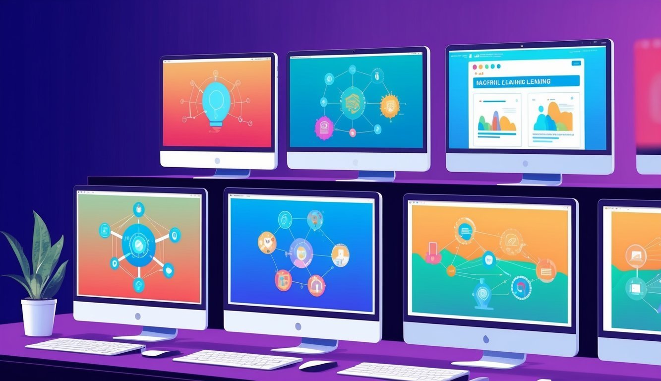 A lineup of seven computer screens displaying various machine learning programs