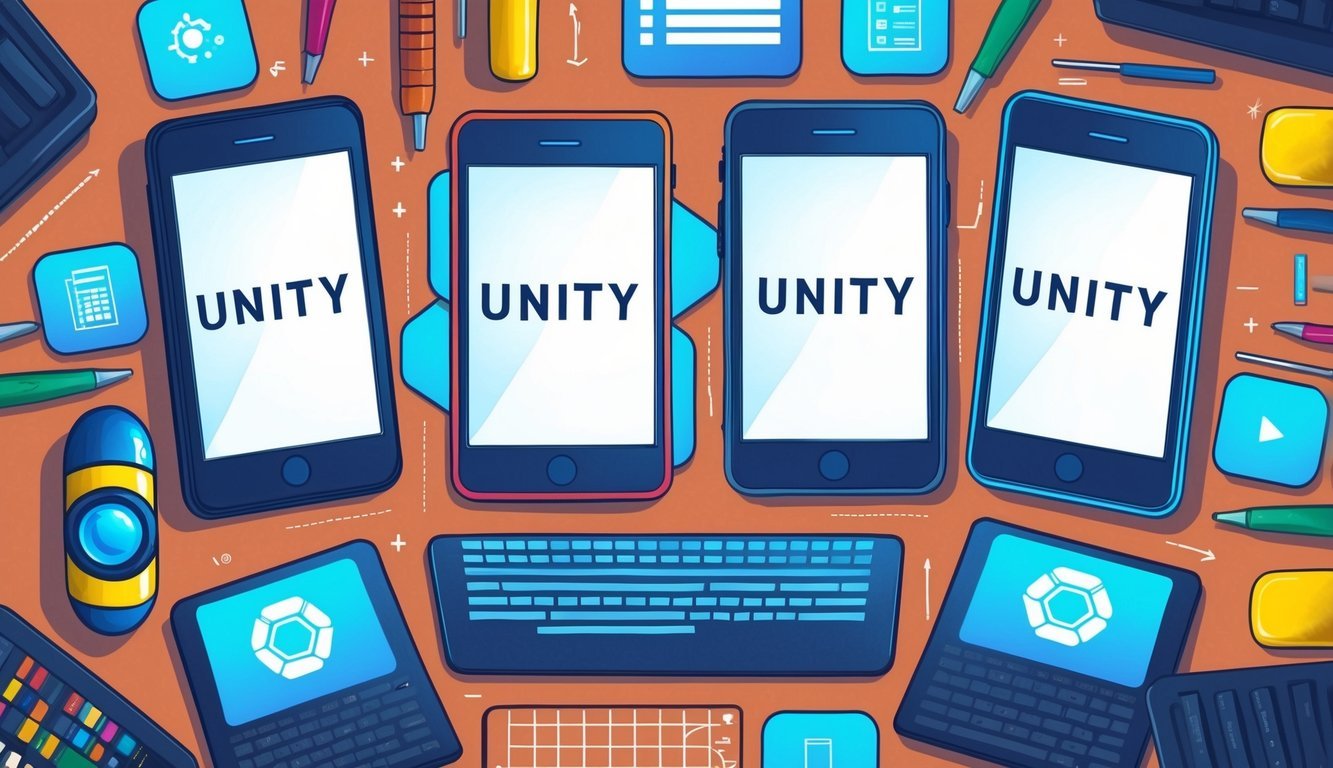 A group of six mobile devices with the Unity logo displayed on their screens, surrounded by programming tools and colorful app icons